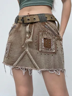 Vintage  Rivet Denim Zipper Mini Skirt