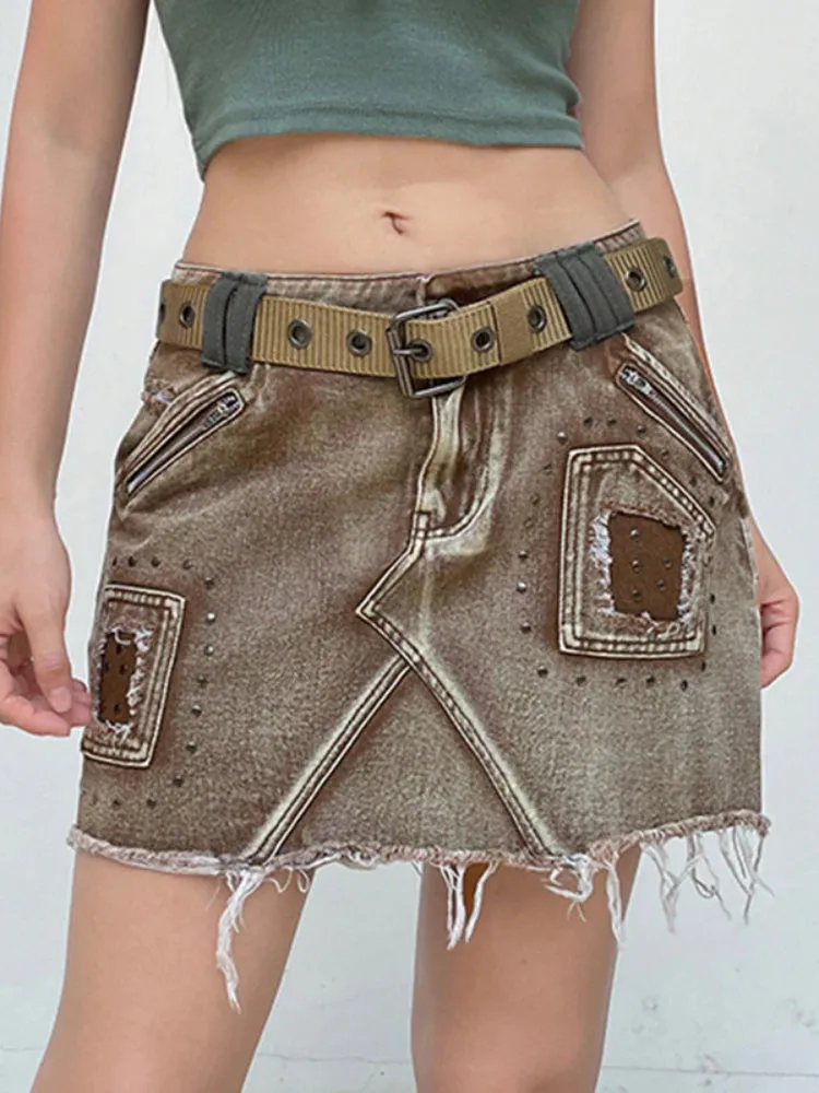 Vintage  Rivet Denim Zipper Mini Skirt