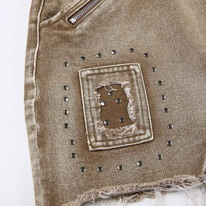 Vintage  Rivet Denim Zipper Mini Skirt