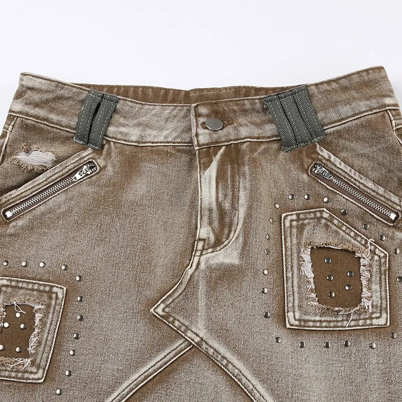 Vintage  Rivet Denim Zipper Mini Skirt