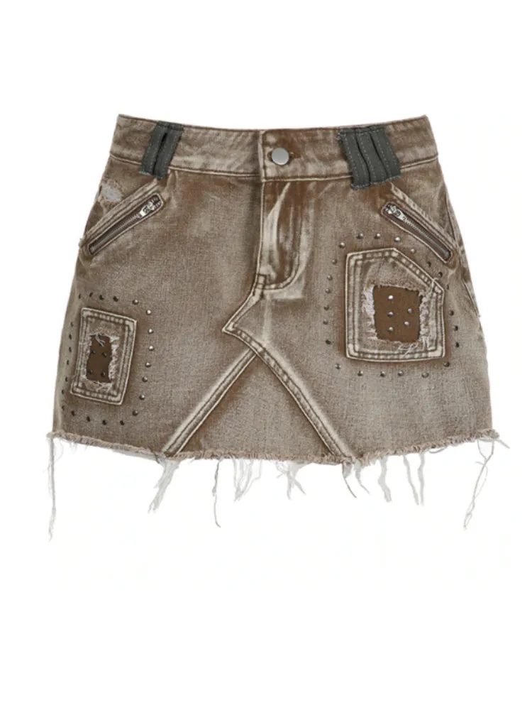 Vintage  Rivet Denim Zipper Mini Skirt