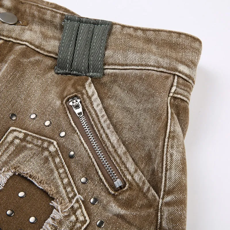 Vintage  Rivet Denim Zipper Mini Skirt