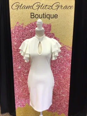 White Cap Sleeve Mock Neck Bodycon Dress with Keyhole
