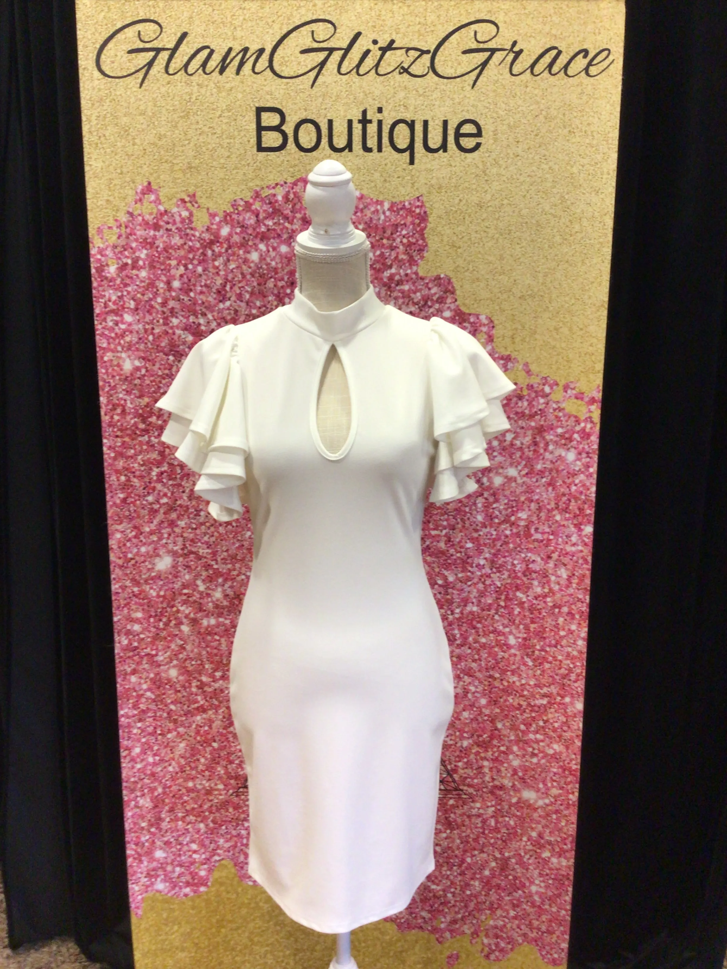 White Cap Sleeve Mock Neck Bodycon Dress with Keyhole